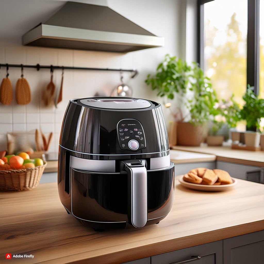 Moderne keuken met airfryer als voorbeeld van hoe de keuken evolueert met slimme technologie en duurzame innovaties